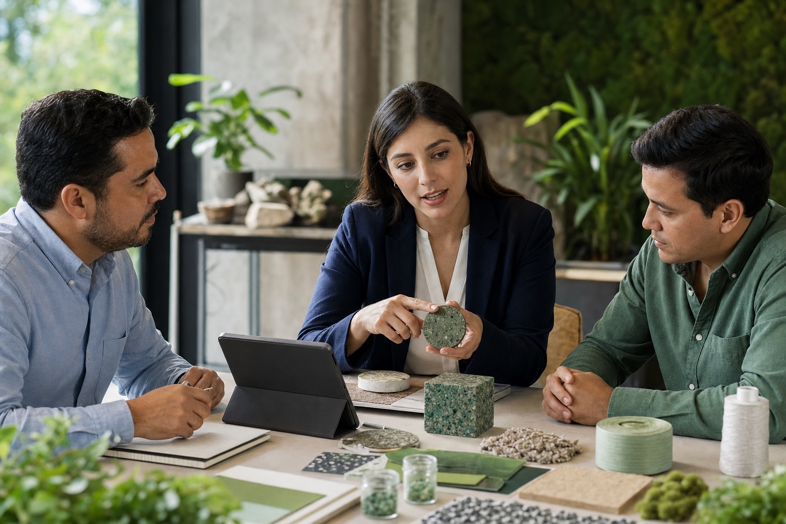 Especialista explicando alternativas de economía circular a un equipo empresarial