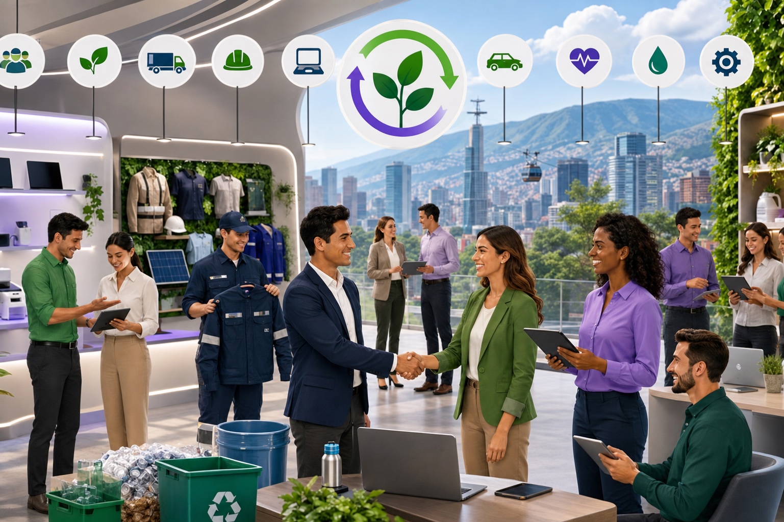 Equipo empresarial conectando economía circular, financiación y servicios sostenibles