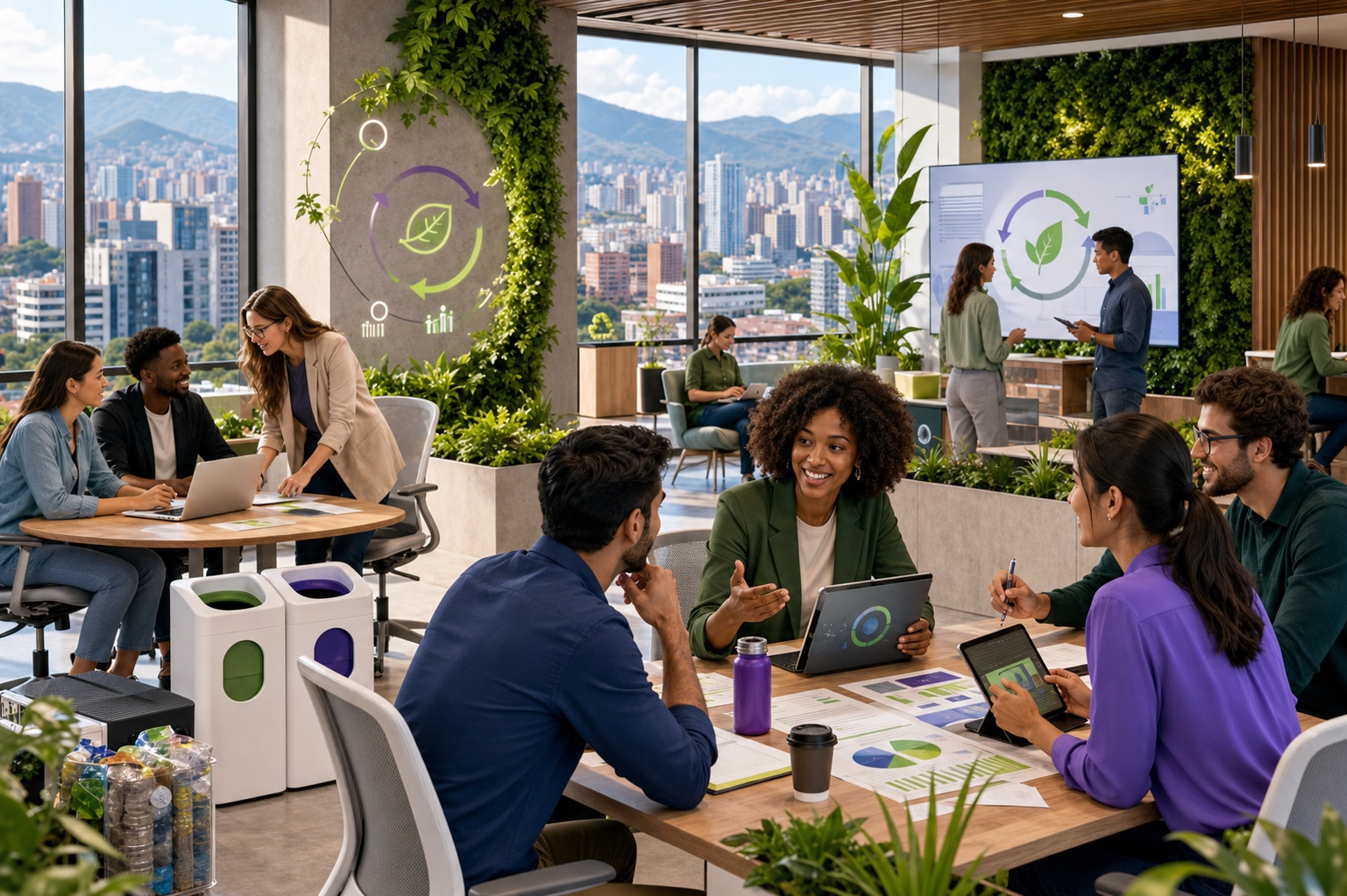 Equipo analizando indicadores financieros y ambientales en una oficina sostenible
