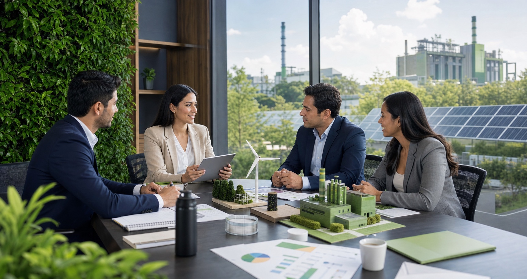 Equipo empresarial evaluando un proyecto de financiación sostenible
