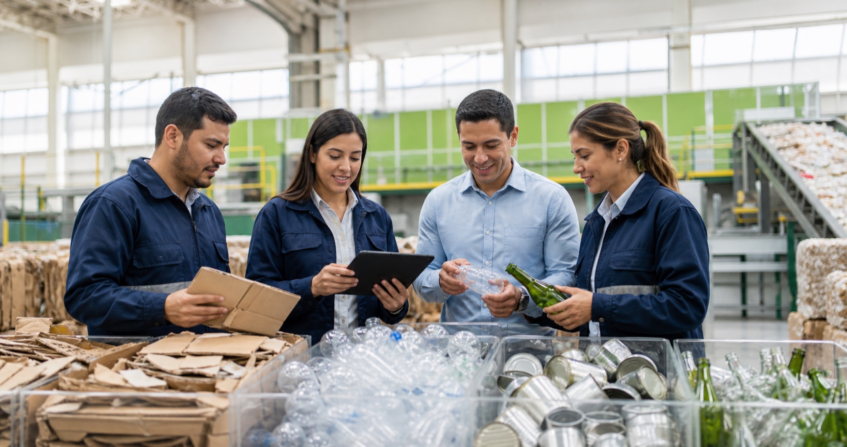 Equipo empresarial analiza materiales aprovechables para mejorar su eficiencia y sostenibilidad