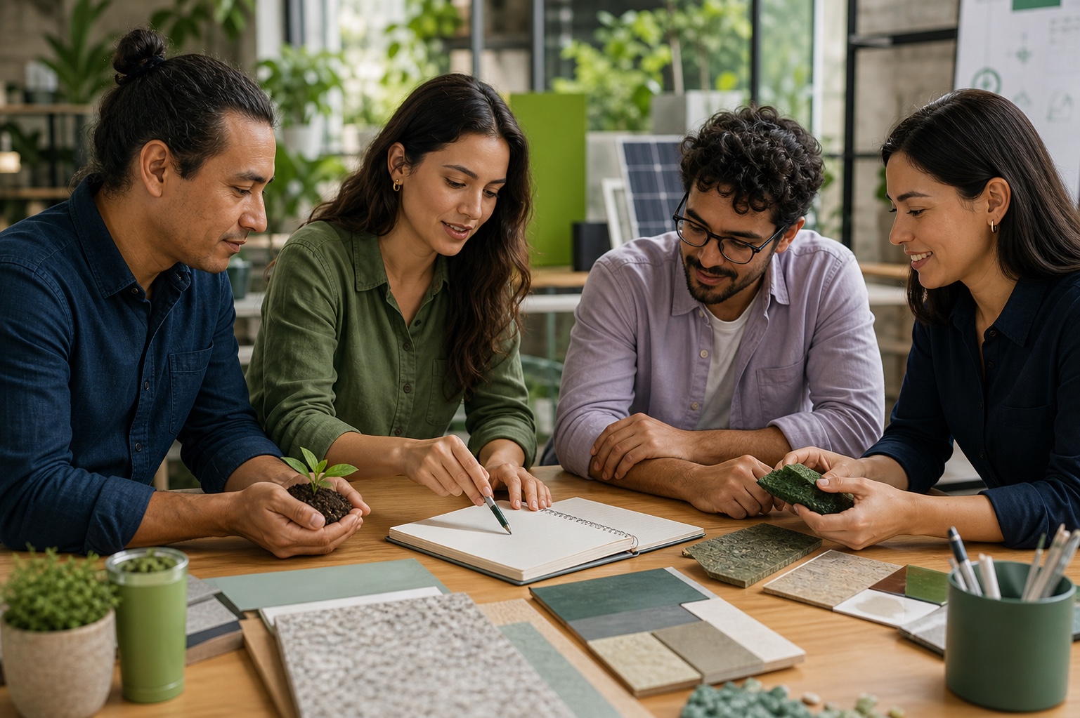 Equipo compartiendo conocimientos mediante muestras de materiales sostenibles