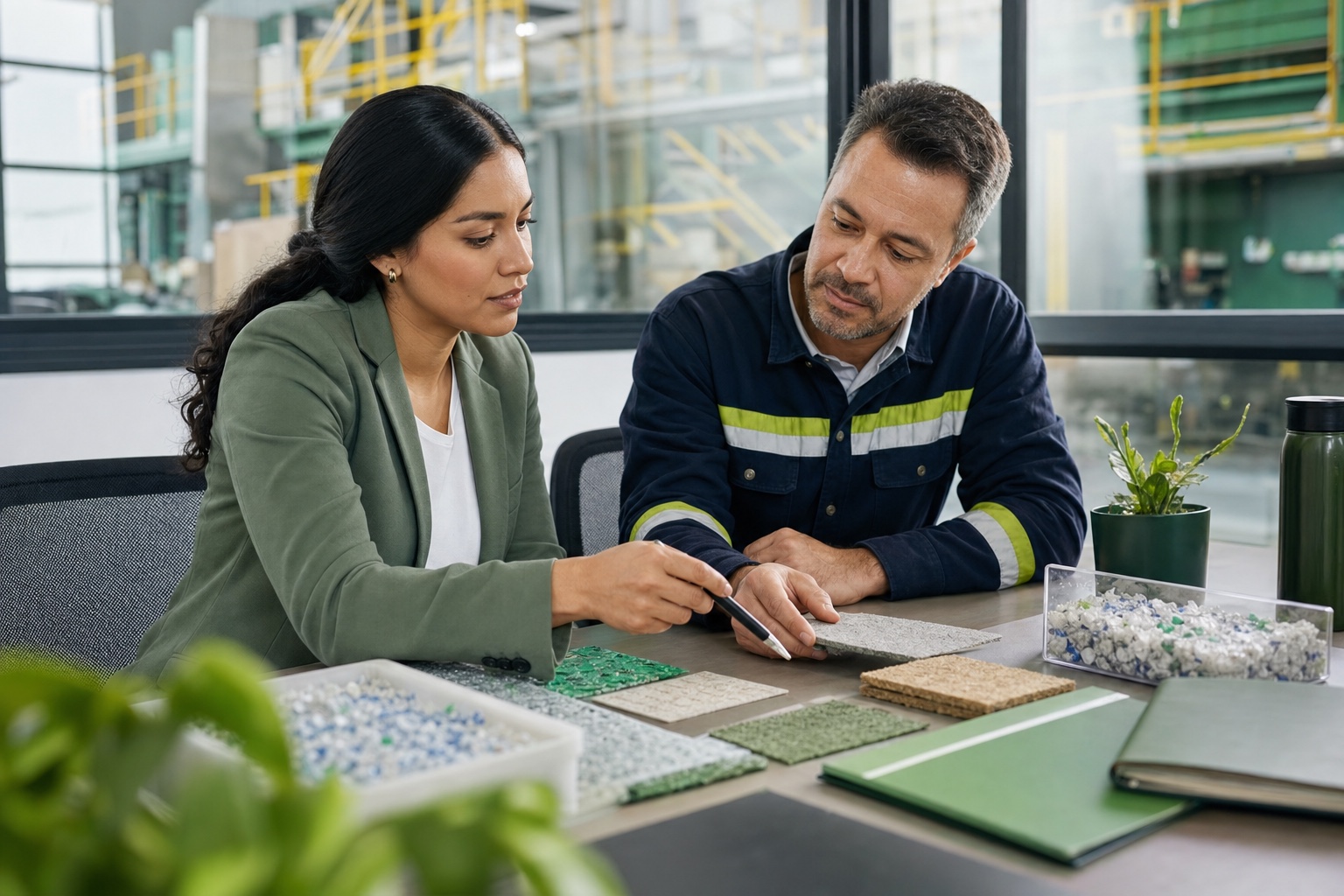 Consultora ambiental revisando materiales valorizables con un líder de operaciones