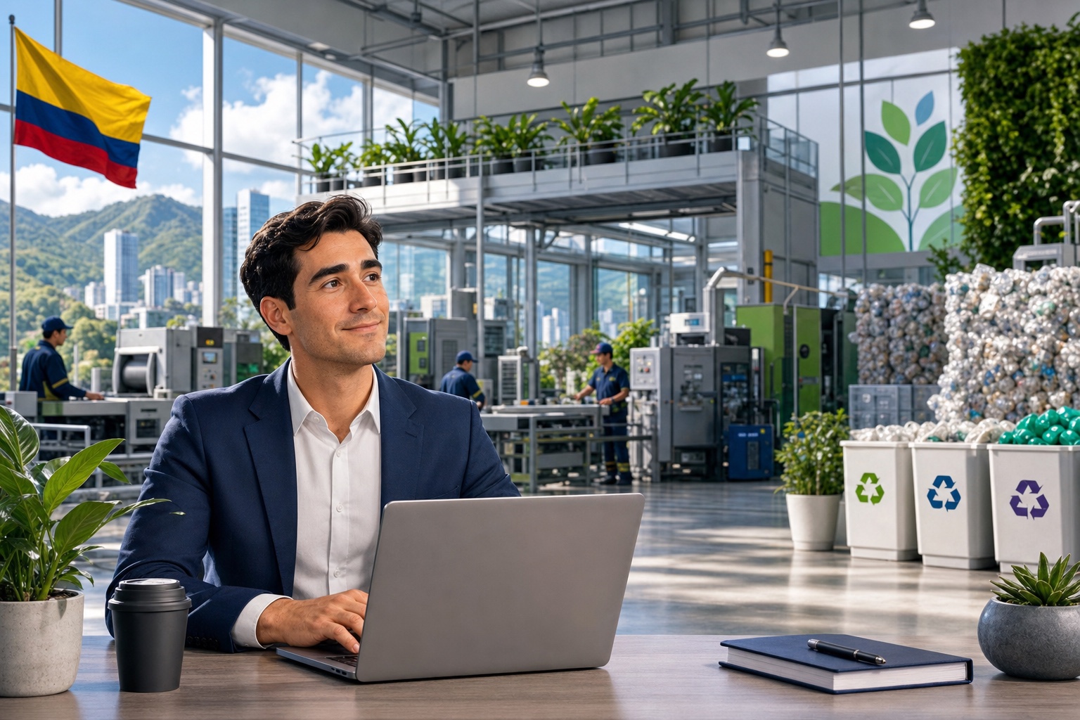 Empresario gestionando financiación circular en una operación industrial sostenible