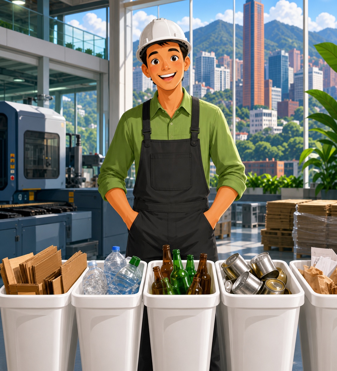 Operario organizando materiales reciclables en una planta industrial sostenible