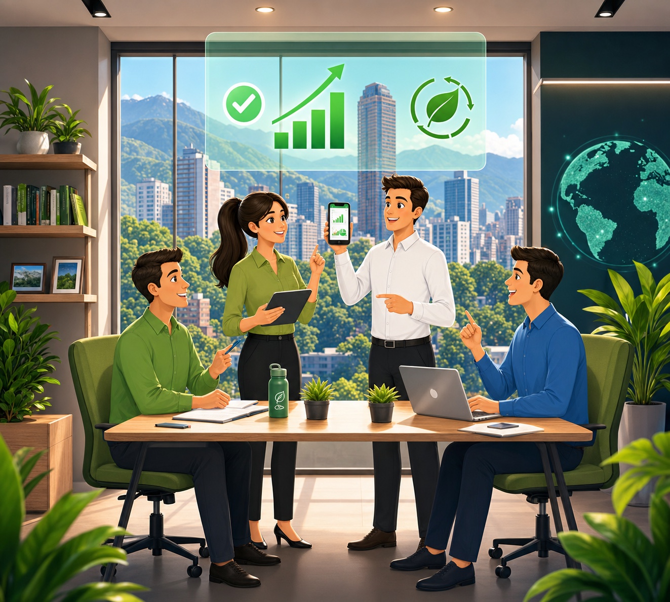 Equipo evaluando indicadores de crecimiento y economía circular