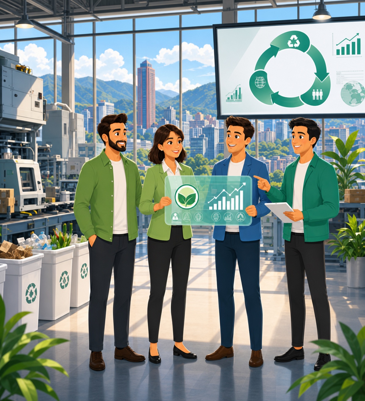 Equipo empresarial presentando resultados de sostenibilidad en una planta circular